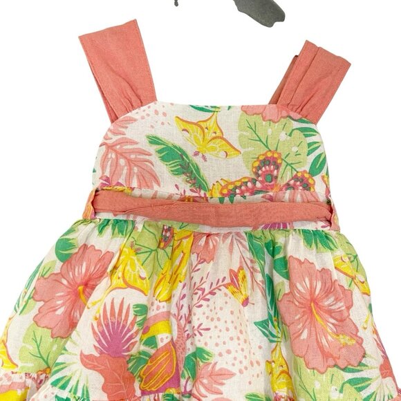 Tommy Bahama Dress Baby Girls 12M Tropical Floral Bug Pom Pom Trim Linen - Picture 3 of 7